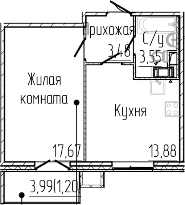 1-комнатная квартира 39.78 м², 6/8 эт., ЖК «SERTOLOVO PARK»